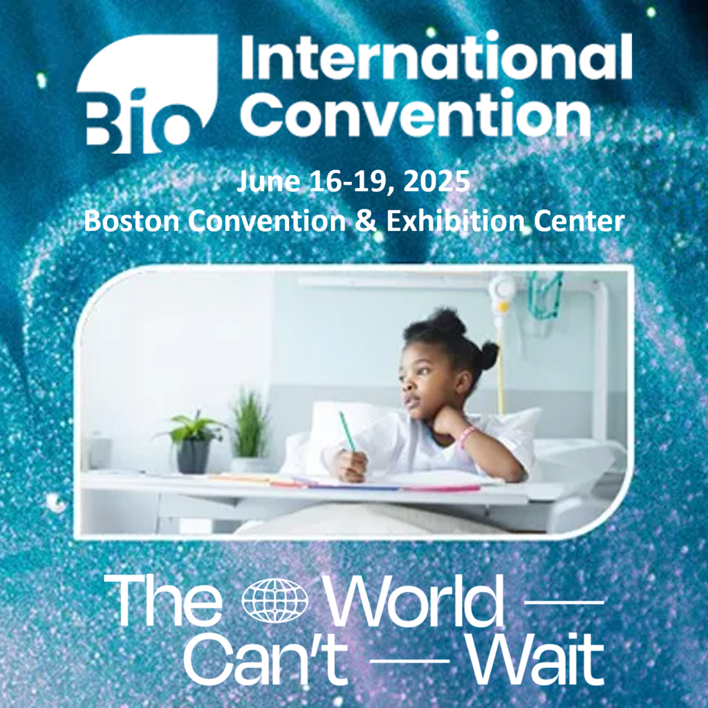 Ad for the Bio International Convention, June 16–19, 2025, in Boston. Features a child at a desk and the slogan 'The World Can't Wait' with a globe icon.