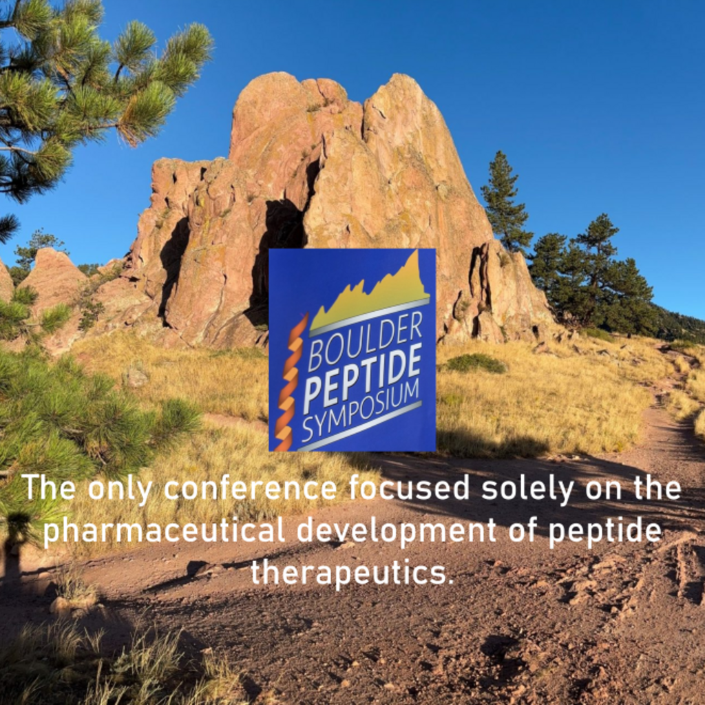 Rocky landscape with Boulder Peptide Symposium logo and tagline about peptide therapeutics.