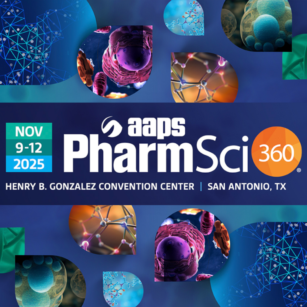 AAPS PharmSci 360 event banner, Nov 9β12, 2025, San Antonio, with scientific graphics.