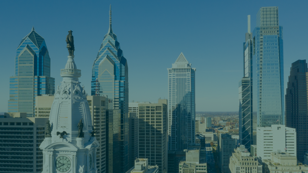 Philadelphia skyline with skyscrapers on a cloudless day.