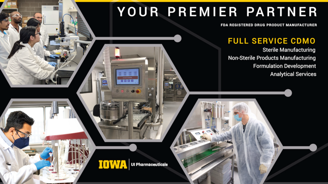 Promotional image for UI Pharmaceuticals, highlighting their services as a full-service CDMO (Contract Development and Manufacturing Organization). The image features four photos of laboratory and manufacturing settings with staff in protective gear.
